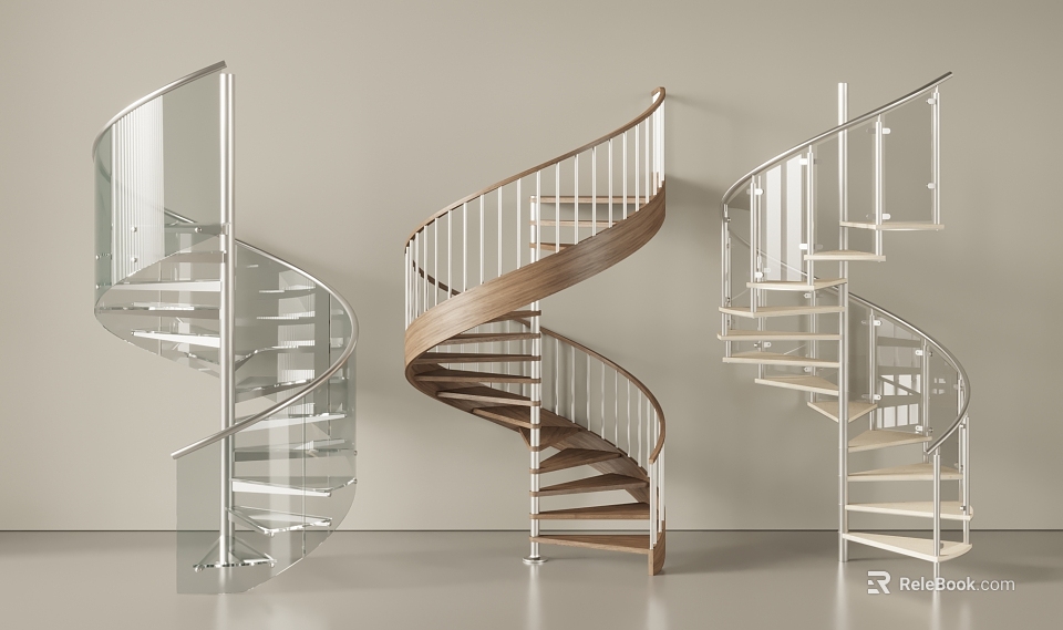 Modern Spiral Staircase Design With Glass Railings Wooden Steps And Metal Structure 3d model 