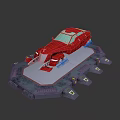 Red Car With Green Roof Displayed On Gray Platform With Illuminated Devices