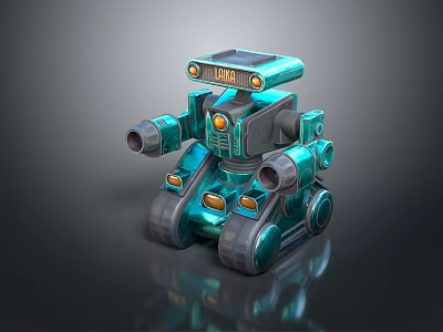 Game Movie Character Teal Tracked Robot With UNIT Display Screen Cannons And Orange Lights 3d model