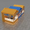 Colorful House Shaped Window Display With Yellow Blue Frames And Hanging Decorations