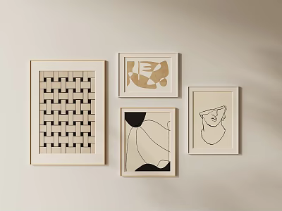 Abstract Paintings Framed On Beige Wall With Geometric Patterns Minimalist Lines And Abstract Portraits 3d model