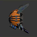 Orange Spherical Mechanical Object With Purple Blue Wings Wheels And Surface Patterns