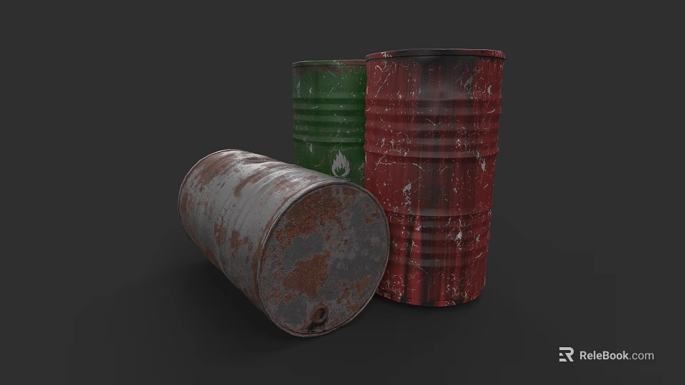 Industrial Factory Storage Area With Old Rusty Metal Barrels In Green Red And Silver 3d model 