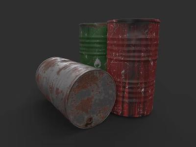 Industrial Factory Storage Area With Old Rusty Metal Barrels In Green Red And Silver 3d model