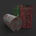 Industrial Factory Storage Area With Old Rusty Metal Barrels In Green Red And Silver
