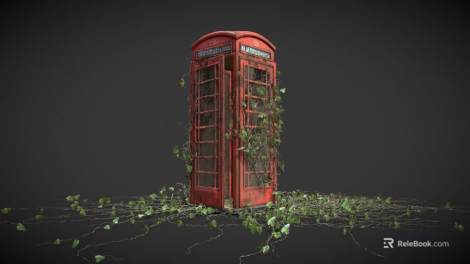 Vintage Red Telephone Booth With Lush Ivy Vines Growing Around Exterior Structure 3d model 