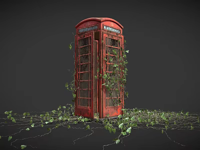 Vintage Red Telephone Booth With Lush Ivy Vines Growing Around Exterior Structure 3d model