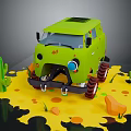 Green Off-Road Commercial Equipment Van with Large Tires in Desert Cactus Scene