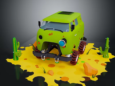 Green Off-Road Commercial Equipment Van with Large Tires in Desert Cactus Scene 3d model