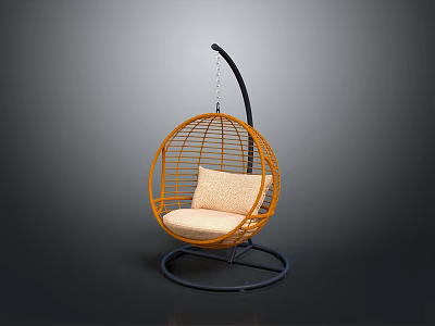 Stylish Orange Wicker Hanging Chair With Round Seat And Light Colored Cushion And Black Stand 3d model