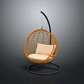 Stylish Orange Wicker Hanging Chair With Round Seat And Light Colored Cushion And Black Stand
