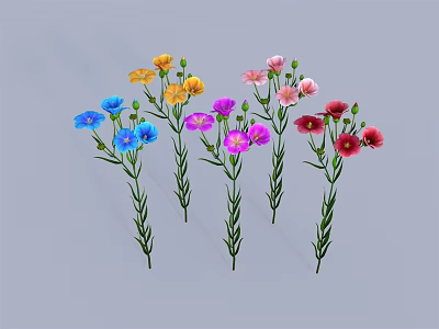 Colorful Flowering Plants With Blue Yellow Pink Purple Red Blooms And Green Stems Leaves 3d model