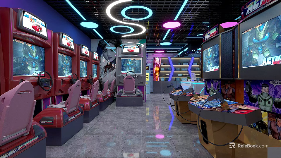 Modern Game Arcade with Racing Gaming Machines Colorful Neon Lights Shiny Floor and Entertainment Atmosphere 3d model 
