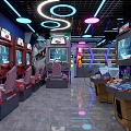 Modern Game Arcade with Racing Gaming Machines Colorful Neon Lights Shiny Floor and Entertainment Atmosphere