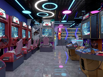 Modern Game Arcade with Racing Gaming Machines Colorful Neon Lights Shiny Floor and Entertainment Atmosphere 3d model