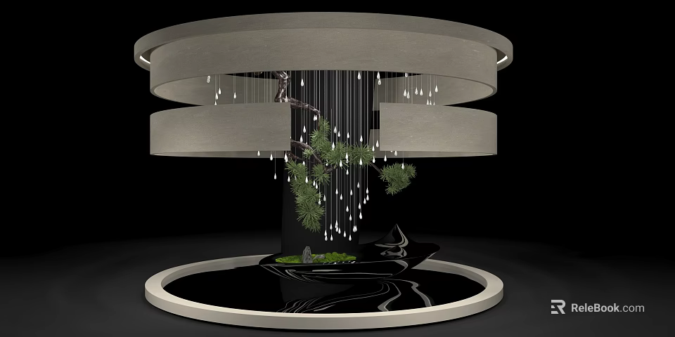 Modern Garden Ornament With Multi Layered Circular Design Pine Tree Hanging Lights And Water Feature 3d model 