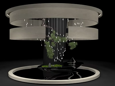 Modern Garden Ornament With Multi Layered Circular Design Pine Tree Hanging Lights And Water Feature 3d model