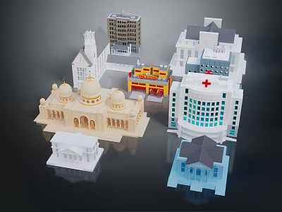 Cartoon Building Scene With Various Architectural Models And Colorful Playful Structures 3d model