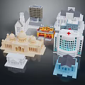 Cartoon Building Scene With Various Architectural Models And Colorful Playful Structures 3d model