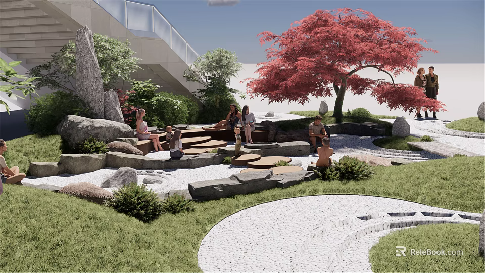 Japanese Garden Decor Elements With Red Maple Tree Stone Path And Stone Steps 3d model 