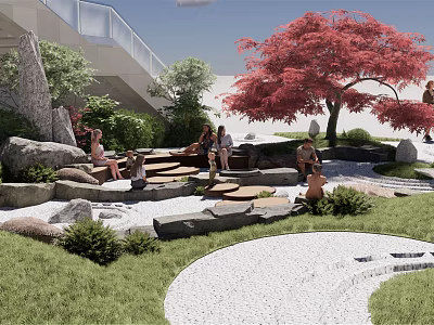 Japanese Garden Decor Elements With Red Maple Tree Stone Path And Stone Steps 3d model