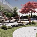 Japanese Garden Decor Elements With Red Maple Tree Stone Path And Stone Steps
