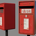 Two Red Fire Equipment With Black Bases Poles And White Labels 3d model