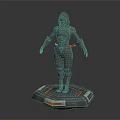 Game Movie Character 3D Model in Hooded Outfit Tight Fitting Suit on Platform Base