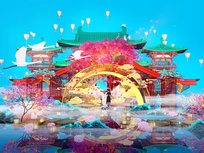 Chinese Traditional Landscape Sculpture Featuring Ancient Architecture Cherry Blossoms Cranes And Reflection 3d model