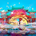 Chinese Traditional Landscape Sculpture Featuring Ancient Architecture Cherry Blossoms Cranes And Reflection