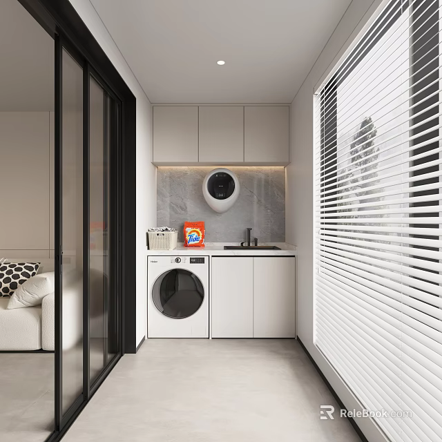 Modern Minimalist Home Balcony Design With Washing Machine Sink Storage Cabinets And Blinds 3d model 