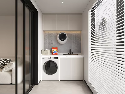 Modern Minimalist Home Balcony Design With Washing Machine Sink Storage Cabinets And Blinds 3d model
