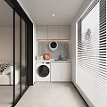 Modern Minimalist Home Balcony Design With Washing Machine Sink Storage Cabinets And Blinds
