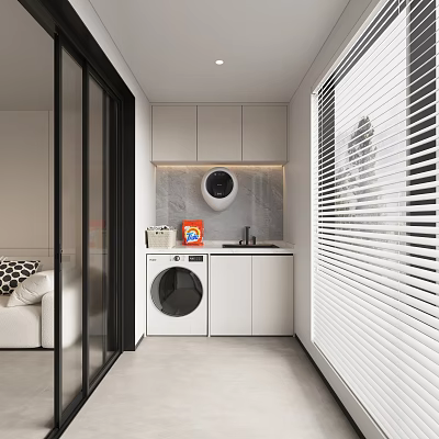 Modern Minimalist Home Balcony Design With Washing Machine Sink Storage Cabinets And Blinds 3d model