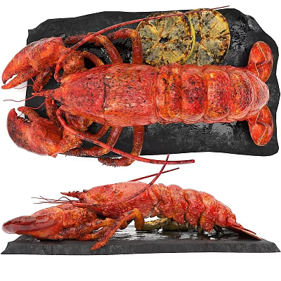 Juicy Red Grilled Lobster Served With Fresh Herbs And Lemon On Black Slate Plate 3d model