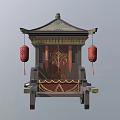 Traditional Oriental Carriage with Decorated Roof Red Lanterns Wooden Wheels and Ornate Design