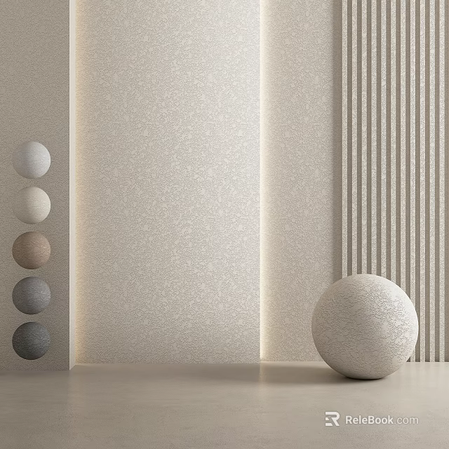 Textured Beige Background Wall With Vertical Striped Panel And Various Colored Spherical Ornaments 3d model 