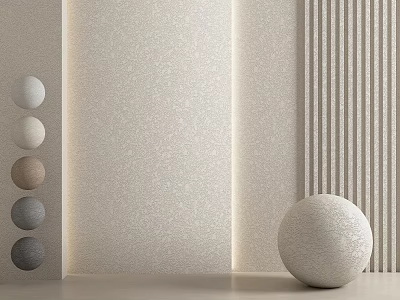 Textured Beige Background Wall With Vertical Striped Panel And Various Colored Spherical Ornaments 3d model