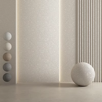 Textured Beige Background Wall With Vertical Striped Panel And Various Colored Spherical Ornaments 3d model
