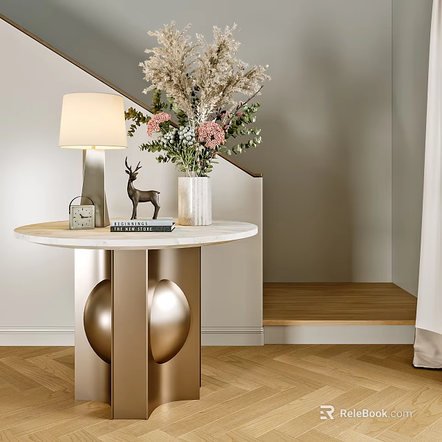 Stylish Console Table Round Top Gold Base With Vase Dried Pink Flowers Lamp Deer Figurine 3d model 