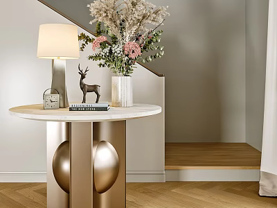 Stylish Console Table Round Top Gold Base With Vase Dried Pink Flowers Lamp Deer Figurine 3d model