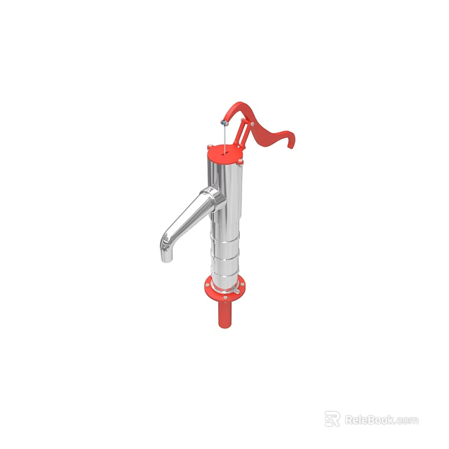 Manual Water Pump With Red Handle Silver Body Base And Spout 3d model 