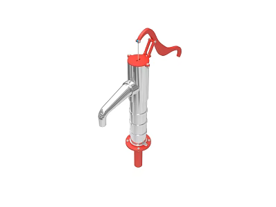 Manual Water Pump With Red Handle Silver Body Base And Spout 3d model