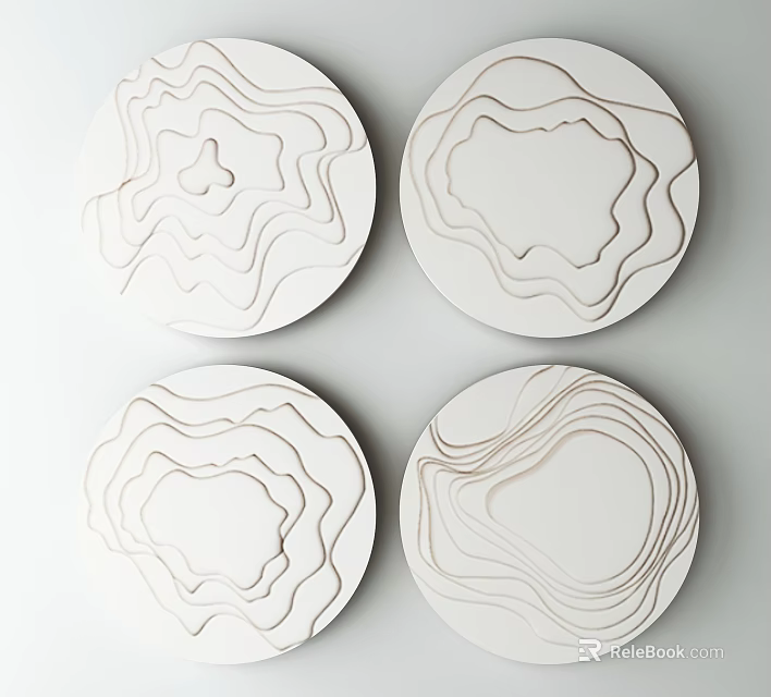Four Circular White Wall Decor with Wavy Line Patterns for Modern Interior 3d model