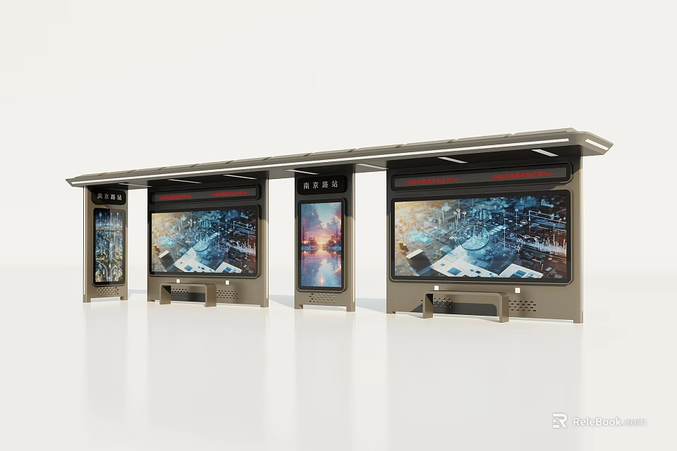Modern Roadside Bus Shelter Facility With Digital Information Screens And Roof Structure 3d model 
