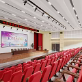 Spacious Conference Room with Red Seats Platform Projection Screen and Ceiling Lighting 3d model
