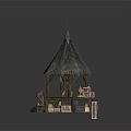 Small Wooden Pavilion Structure With Pointed Roof Steps And Items On
