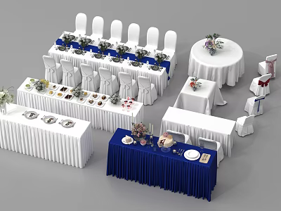 Elegant Event Setup With White Tables Blue Tablecloths Floral Decor And Dining Utensils 3d model