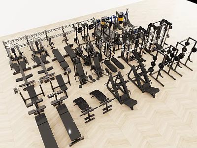 Various Types Of Strength Training Fitness Equipment Including Dumbbells Workout Benches And Machines 3d model