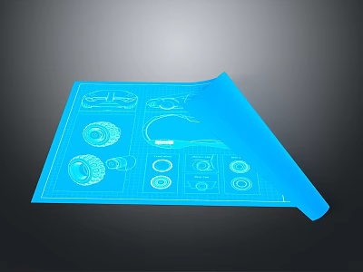 Detailed Blue Engineering Blueprint With Mechanical Parts Design And Technical Drawings 3d model